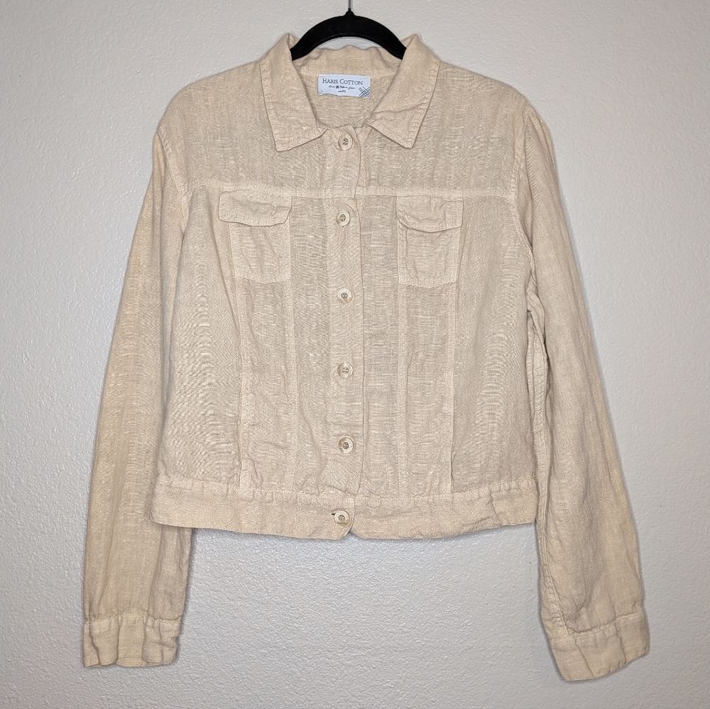 Haris Cotton Womens Cream Coastal Lagenlook Minimalist Linen Trucker Jacket L